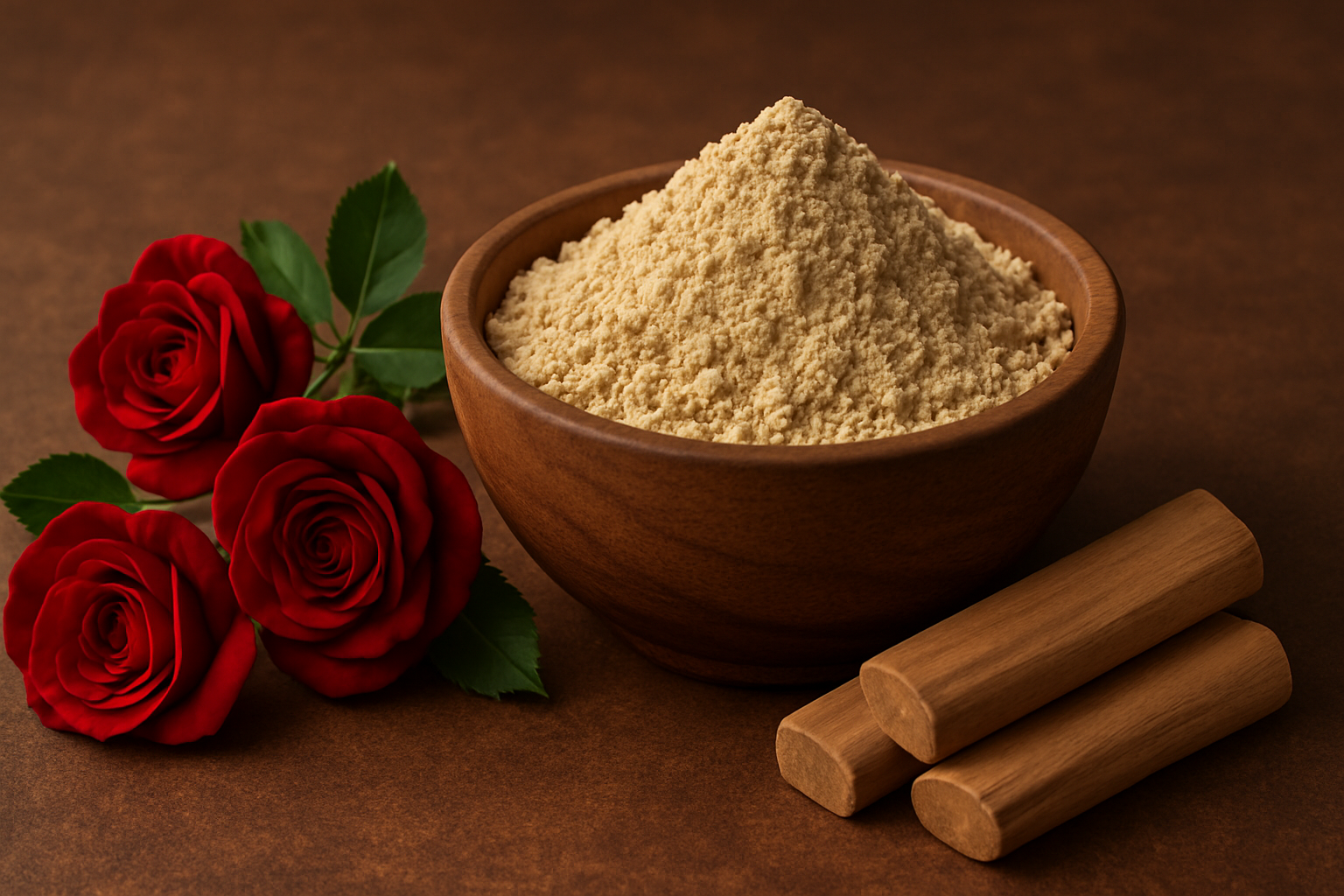 Wooden bowl of powder with red roses and cinnamon sticks on a brown background1621243260e1af0c20-1